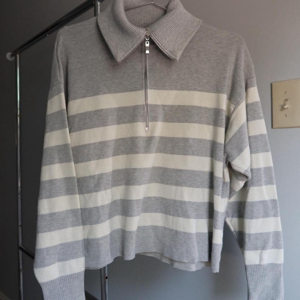 Grey and‎ cream striped quarter zip sweater